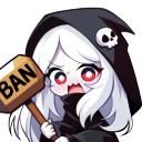 A cute white-haired reaper character with red eyes holding a wooden hammer labeled BAN.