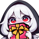 A white-haired anime character with red eyes and a dark hood blushes while holding a pink gift box with a gold ribbon.