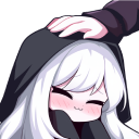 A cute anime girl with white hair smiling happily while receiving a head pat.