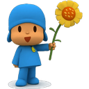 Pocoyo wearing a blue hat and outfit holds a large yellow sunflower with a happy expression.