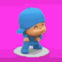 Pocoyo performs a dabbing dance move against changing colorful backgrounds.