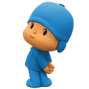 Pocoyo character wearing a blue outfit peeking with a shy and happy expression.