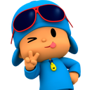 Pocoyo wearing red sunglasses winks and holds up a peace sign with his hand.