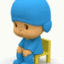 A blue 3D cartoon character sitting on a yellow chair with eyes closed in a peaceful expression.