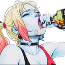 Harley Quinn with blonde pigtails chugging a bottle of liquid with her head tilted back.