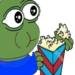 Pepe the Frog holding a bucket of popcorn and watching intently.