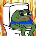 Pepe the Frog sits calmly on a toilet while surrounded by bright orange flames.