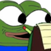 Pepe the Frog writing on a notepad with a pen.