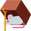 A gray mouse sitting inside a brown box trap held up by an orange stick.