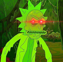 Rick Sanchez with glowing red laser eyes looking intensely angry.