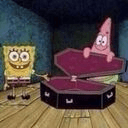 SpongeBob SquarePants and Patrick Star gesturing toward an open coffin with a dark purple interior.