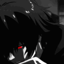 Anime character with glowing red eyes spitting with a menacing expression.