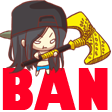Chibi character with long black hair and a black hat holding a large golden hammer.