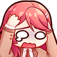 Anime girl with pink hair holding her head in panic with a shocked expression.