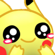 Pikachu with large sparkling eyes and blushing cheeks smiling happily.