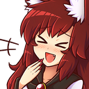 Anime girl with red hair covering her mouth while giggling with a mischievous expression.