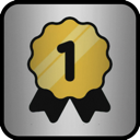 Gold award ribbon badge with the number one centered on a gray background.