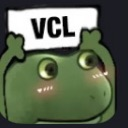 A cute green frog with blushing cheeks holding a white sign that says VCL above its head.