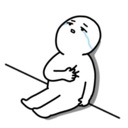A simple stick figure character sitting on the ground, clutching its chest with a tearful expression.