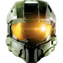 Master Chief helmet with a glowing gold visor facing forward.