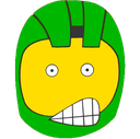 Mister Chief wearing a green helmet with a yellow visor and a wide, awkward, toothy grin.