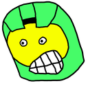 Mister Chief wearing a bright green helmet with a yellow visor and a wide, gritted-teeth expression.
