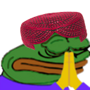 A green frog character wearing a textured red hat with hands pressed together in a prayer gesture.