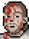 A pixelated person with a blank expression and red blood splatters across their face.