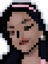 A woman with dark hair and a pink headband looking to the side with a skeptical, judgmental expression in pixel art style.