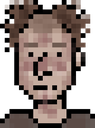 A pixelated person with a blank, wide-eyed expression and messy hair.