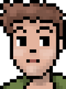 A pixelated man with brown hair and a green shirt looking slightly suspicious.