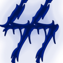 A stylized, dripping blue letter symbol on a dark blue background.