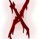 A stylized letter X dripping with blood against a dark red background.
