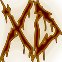 Stylized text letters dripping with a dark red liquid against a brownish-gold background.