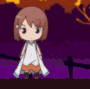 A chibi anime girl with brown hair in a white dress performing a rhythmic dance loop.
