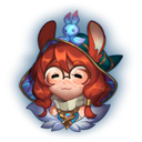 Red-haired girl with glasses wearing a smug, satisfied expression with a small magical spirit floating above her head.
