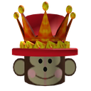 A cartoon monkey face wearing a large red and gold crown.