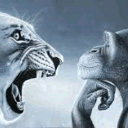 A roaring lion faces a thoughtful monkey in a dramatic black and white illustration.