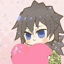 Chibi anime character with messy hair blushing while holding a large pink heart.