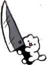 A small white doodle-style creature holding a giant kitchen knife with a happy expression.