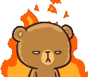 A brown bear with a stoic, unimpressed expression standing in front of bright orange and red flames.