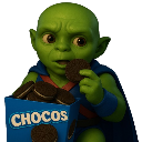 A green creature with large eyes holding a cookie and a blue box of cookies.