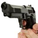 A hand holding a black handgun pointed directly forward.