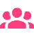 Three stylized human figures grouped together in a minimalist pink pixel art style.