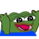 Pepe the frog with sparkling eyes and a wide, happy grin, raising his arms in celebration.