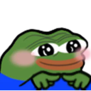 Pepe the frog with large glistening eyes and pink blushing cheeks looking shyly.