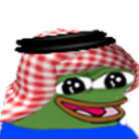 Pepe the Frog wearing a red and white checkered keffiyeh with a wide, happy smile.