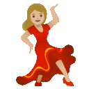 A woman in a red dress dancing repeatedly in a lively motion.