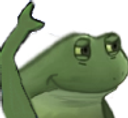 Frog with a smug expression waving its hand.
