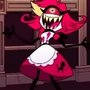 Niffty from Hazbin Hotel standing with a wide, toothy grin and a single large eye, looking manic.